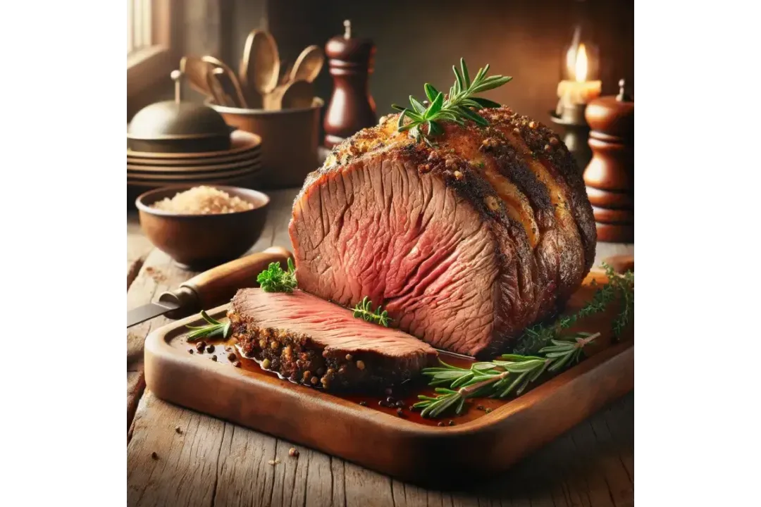 A beautifully presented chuck roast on a wooden cutting board, garnished with fresh rosemary and thyme