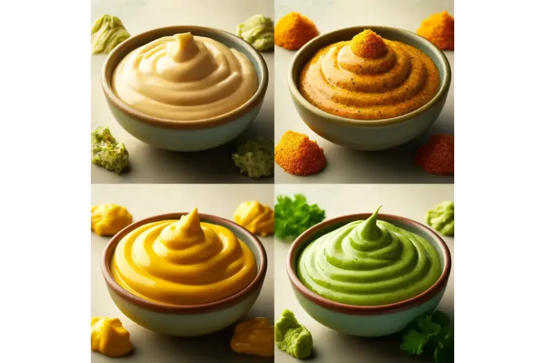 Collage of spicy mayo variations including aioli, curry, and wasabi flavors