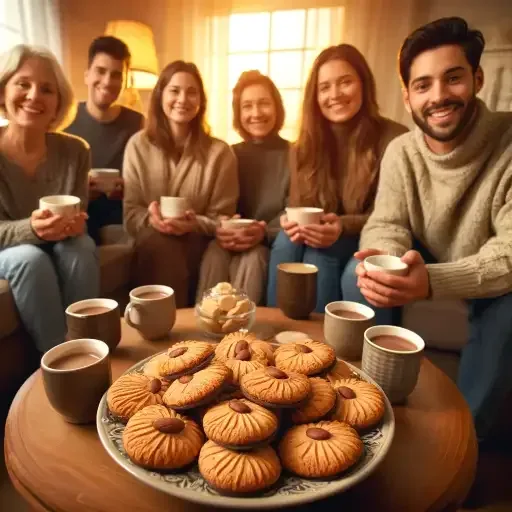 People enjoying Almond Joy cookies with warm beverages in a cozy setting.