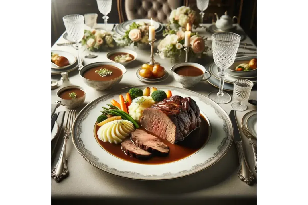 Elegantly plated chuck roast with gravy and sides on a finely set dining table, under soft lighting.