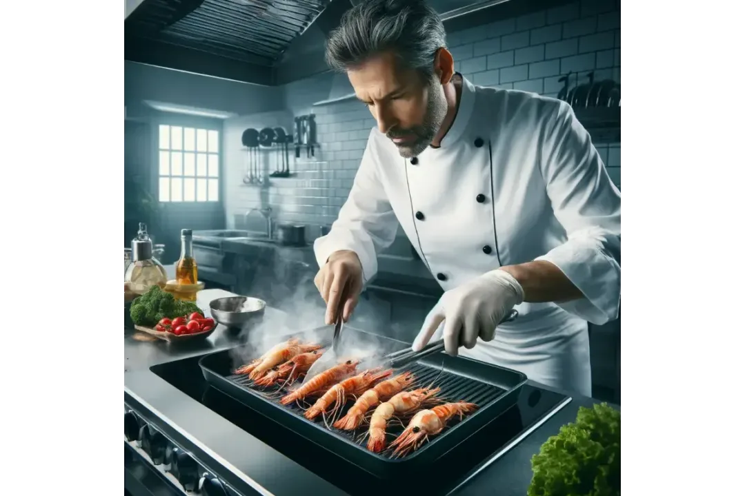 Chef grilling rock shrimp in a professional kitchen.