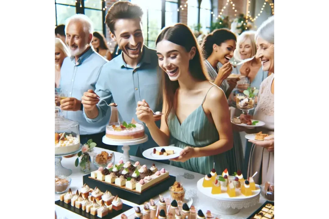 Guests enjoying a variety of desserts at a beautifully decorated dessert table.