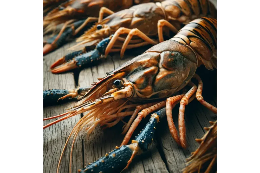 Close-up of raw rock shrimp on a wooden surface.