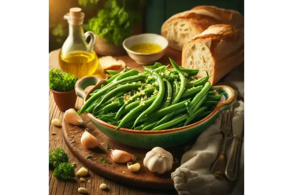 Rustic dish of Italian green beans with garlic and parsley