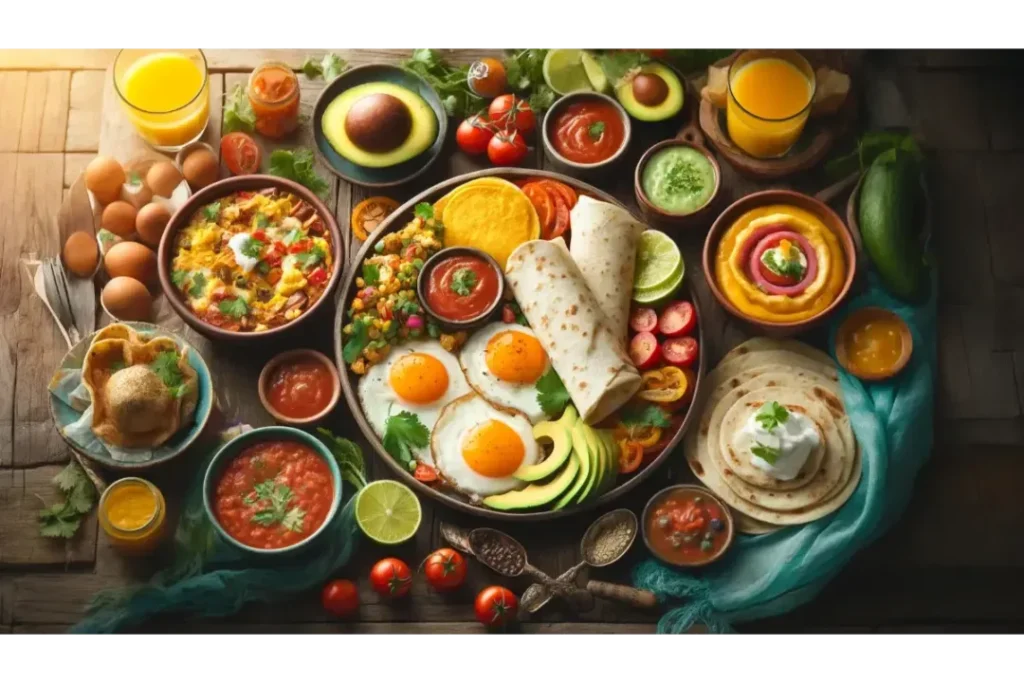 A colorful breakfast spread featuring a variety of egg tortilla dishes, including traditional huevos rancheros, Spanish tortilla española, and Tex-Mex breakfast burrito, arranged on a rustic wooden table.