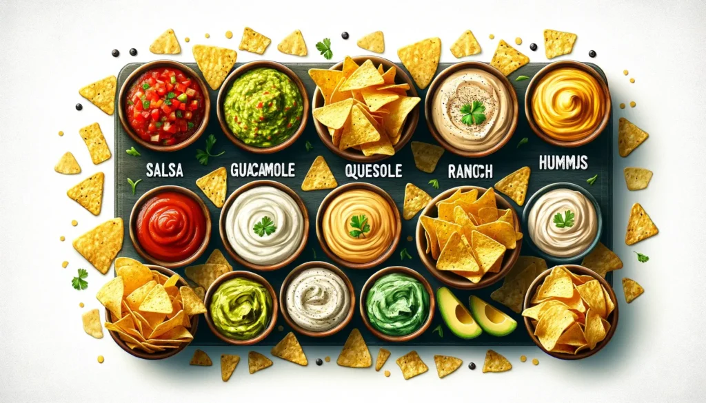 Various types of chip dips including salsa, guacamole, queso, ranch, and hummus in bowls surrounded by different types of chips.