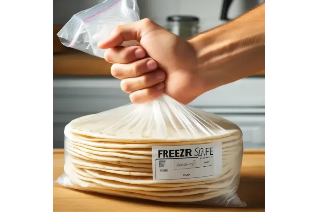 A hand wraps tortillas in plastic wrap and places them inside a freezer-safe bag