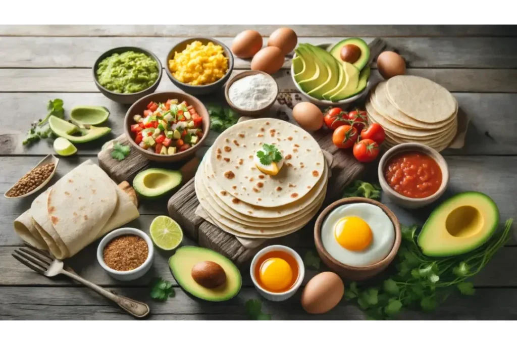 A healthy breakfast spread featuring traditional, gluten-free, and paleo flour tortillas, with toppings like eggs, avocado, salsa, and cilantro.