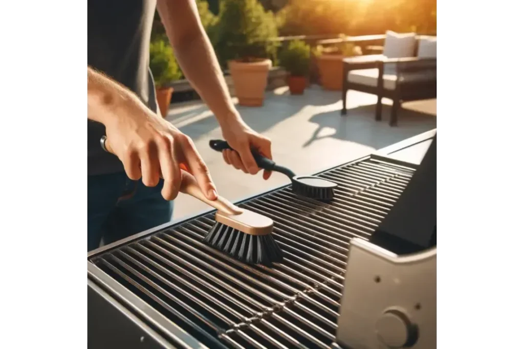 A person cleaning the grates of a gas grill with a wire brush.