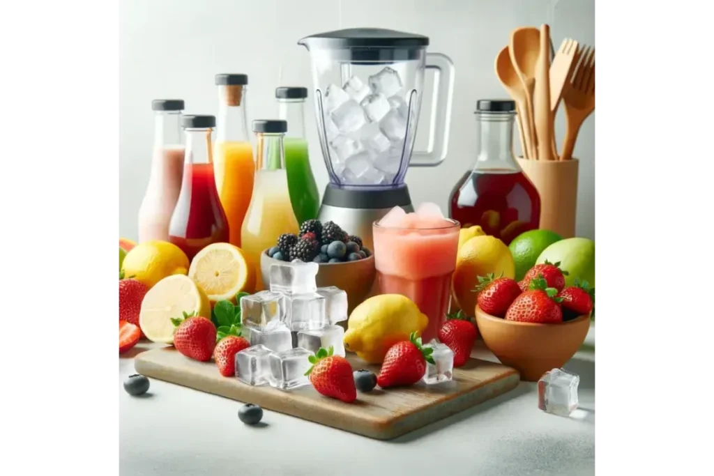 Assorted ingredients including ice cubes, fruits, and syrups for making homemade slushies.