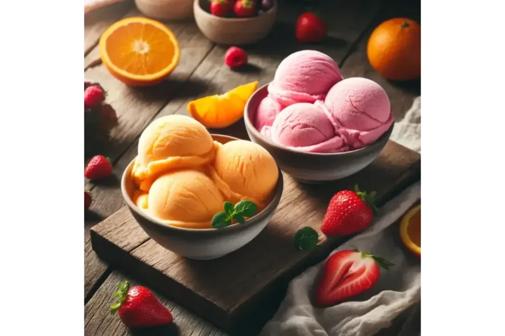 Side by side comparison of orange sorbet and pink sherbet in bowls