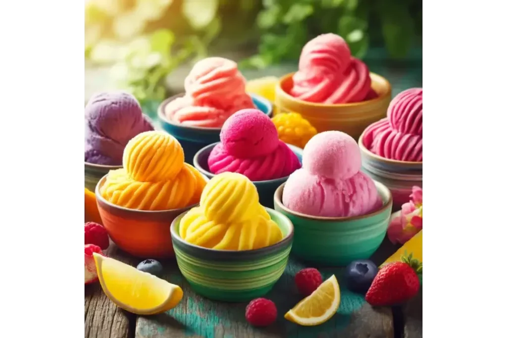 Colorful assortment of sorbets and sherbets in bowls on a wooden table.