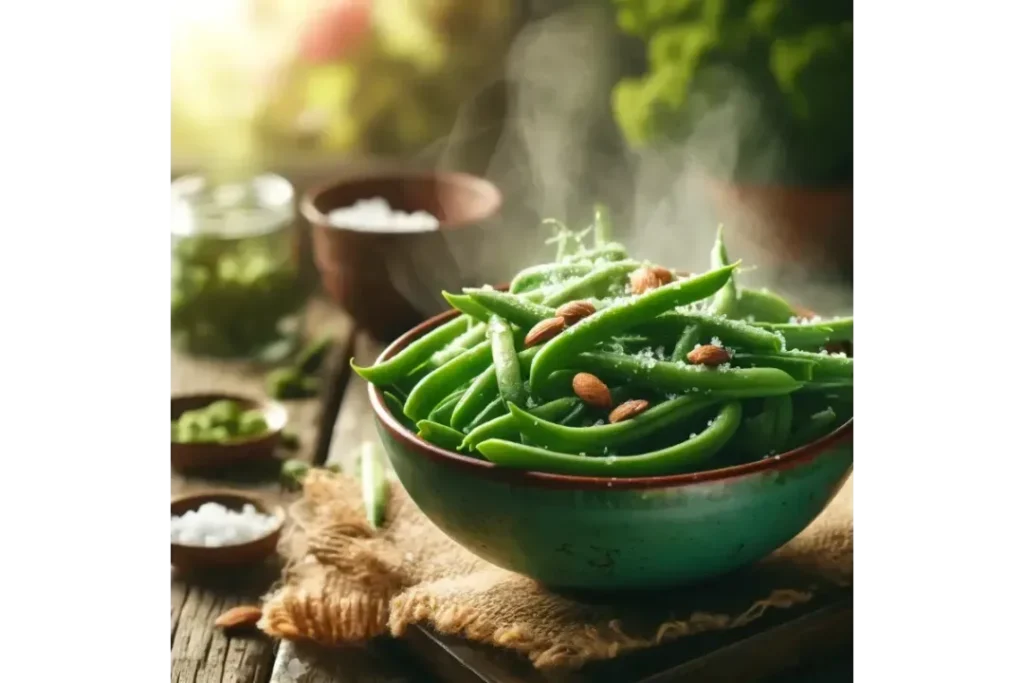 Fresh green beans topped with almonds on a rustic wooden table.