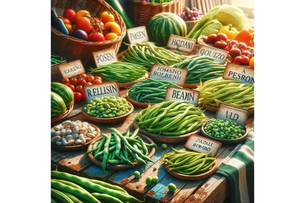 Different Italian green beans labeled in Italian on a rustic table at a market.