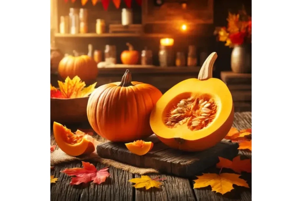 Whole and halved pumpkin on a wooden table with autumn leaves, in a cozy kitchen setting