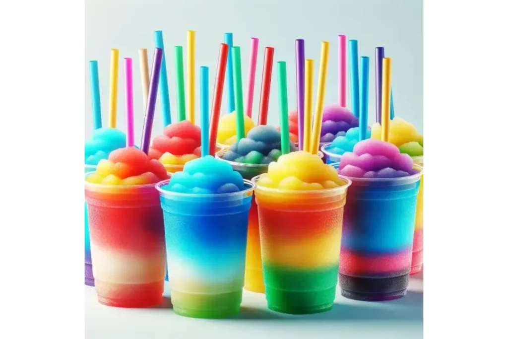 Assorted colorful slushies in plastic cups with straws