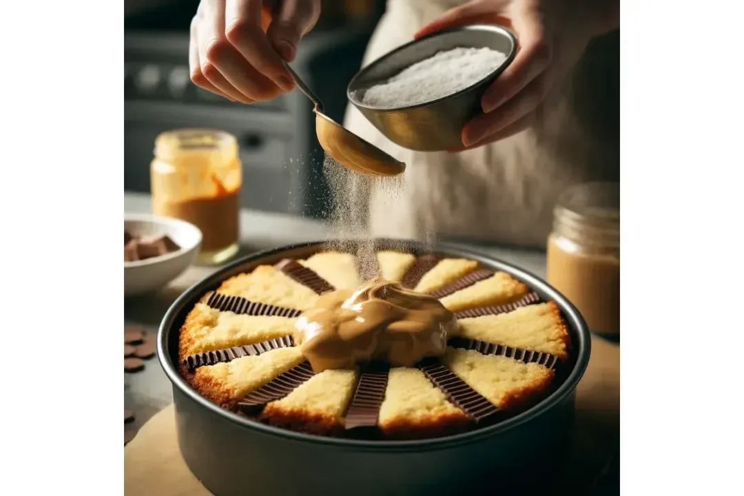 Layering ingredients for Peanut Butter Cup Dump Cake, showing dry mix and peanut butter