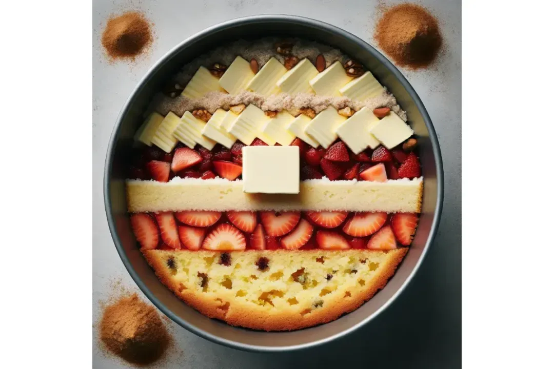 Overhead view of a dump cake showing layers of fruit, cake mix, and butter slices