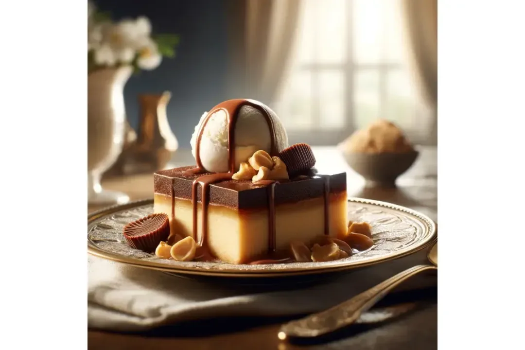 Elegant serving of Peanut Butter Cup Dump Cake with vanilla ice cream and chocolate drizzle