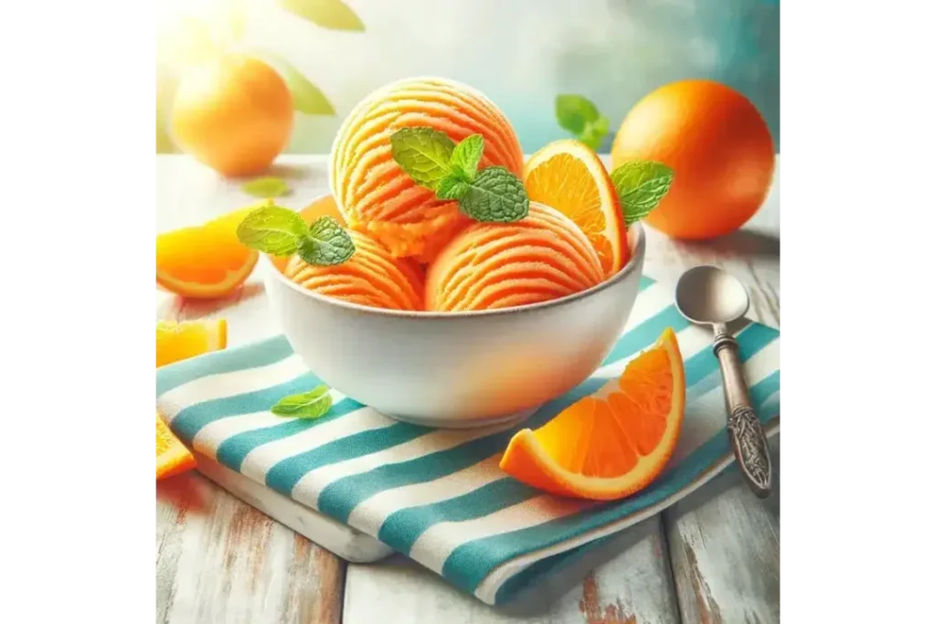 A bowl of fresh orange sherbet ice cream garnished with orange slices and mint on a rustic wooden table.